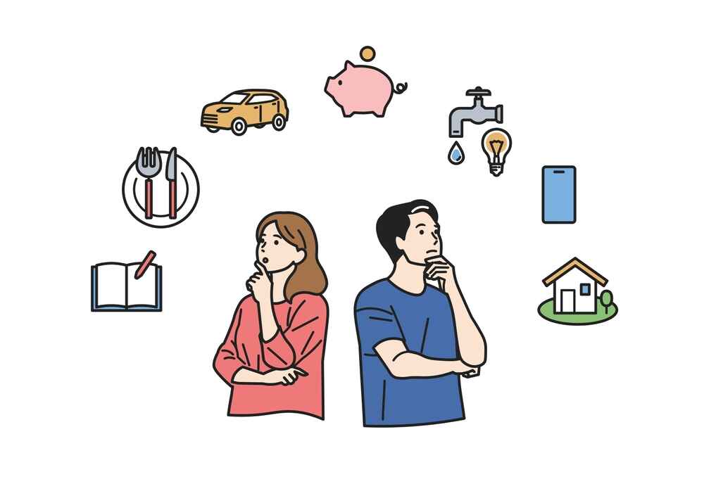 Illustration of a Couple Thinking About the Cost of Living in Christchurch Illustration of a Couple Thinking About the Cost of Living in Christchurch